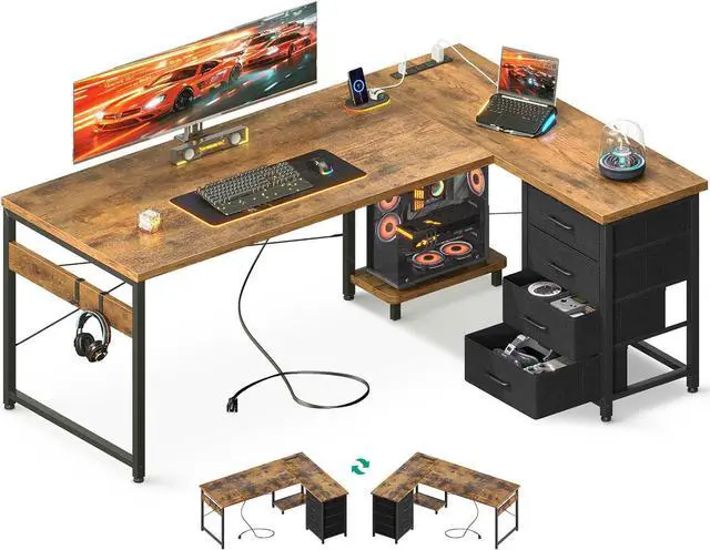 Main image of 61'' L Shaped Desk with 4 Drawers, Reversible Corner Desk with Storage, Gaming Table with Power Outlets, USB Ports, Computer Desk for Home Office, Study, Easy Assembly, Brown