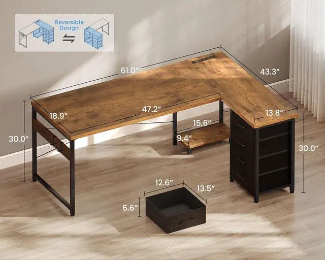 Alt view image 2 of 6 - 61'' L Shaped Desk with 4 Drawers, Reversible Corner Desk with Storage, Gaming Table with Power Outlets, USB Ports, Computer Desk for Home Office, Study, Easy Assembly, Brown