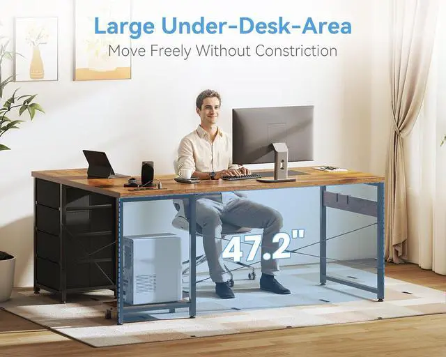 Alt view image 4 of 6 - 61'' L Shaped Desk with 4 Drawers, Reversible Corner Desk with Storage, Gaming Table with Power Outlets, USB Ports, Computer Desk for Home Office, Study, Easy Assembly, Brown