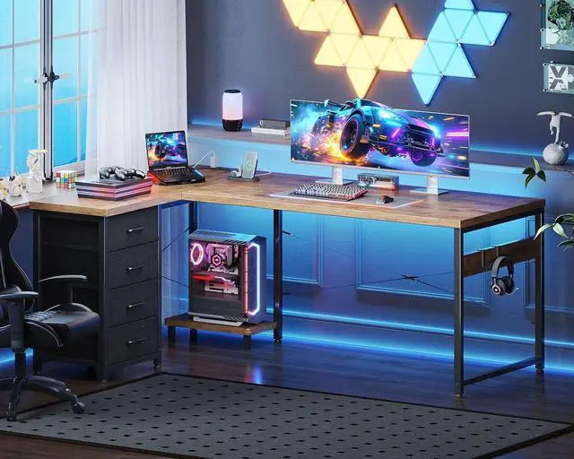 Alt view image 6 of 6 - 61'' L Shaped Desk with 4 Drawers, Reversible Corner Desk with Storage, Gaming Table with Power Outlets, USB Ports, Computer Desk for Home Office, Study, Easy Assembly, Brown