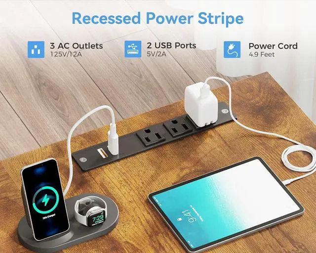 Alt view image 5 of 6 - 61'' L Shaped Desk with 4 Drawers, Reversible Corner Desk with Storage, Gaming Table with Power Outlets, USB Ports, Computer Desk for Home Office, Study, Easy Assembly, Brown