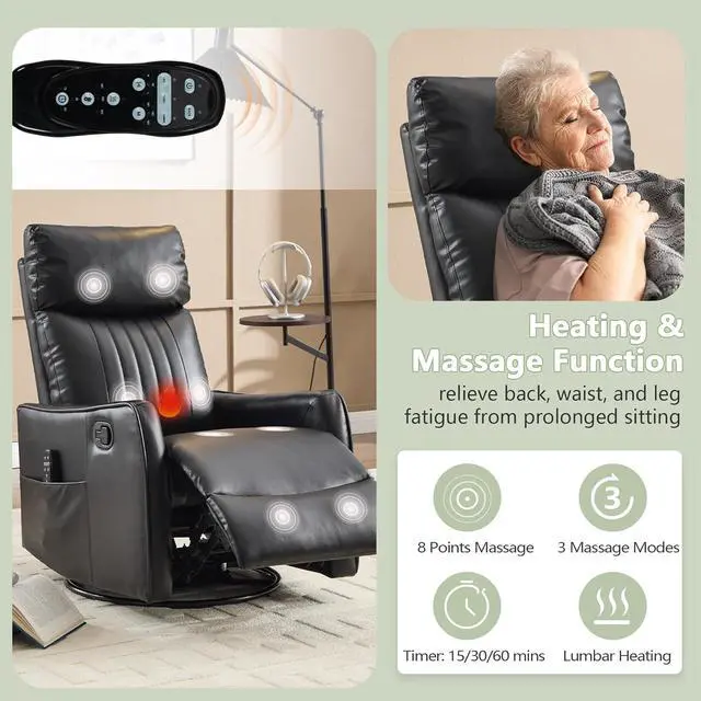 Alt view image 3 of 7 - Heated Massage Swivel Rocker Recliner Chair for Nursery - Small Space Reclining Chair with Lumbar Support, 360° Swivel & Gentle Rocking, Ergonomic High Back Faux Leather