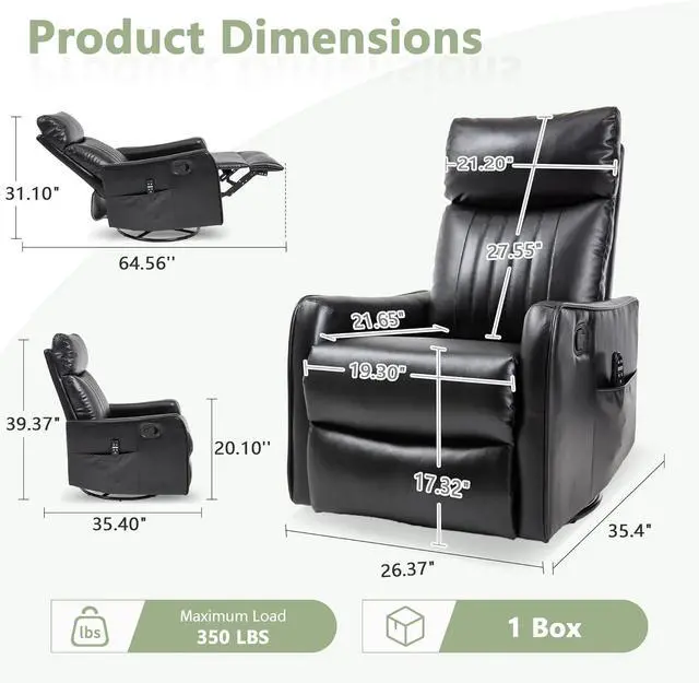 Alt view image 2 of 7 - Heated Massage Swivel Rocker Recliner Chair for Nursery - Small Space Reclining Chair with Lumbar Support, 360° Swivel & Gentle Rocking, Ergonomic High Back Faux Leather