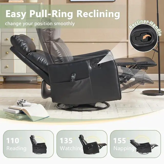 Alt view image 4 of 7 - Heated Massage Swivel Rocker Recliner Chair for Nursery - Small Space Reclining Chair with Lumbar Support, 360° Swivel & Gentle Rocking, Ergonomic High Back Faux Leather