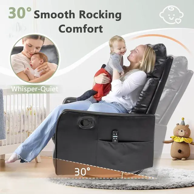 Alt view image 5 of 7 - Heated Massage Swivel Rocker Recliner Chair for Nursery - Small Space Reclining Chair with Lumbar Support, 360° Swivel & Gentle Rocking, Ergonomic High Back Faux Leather