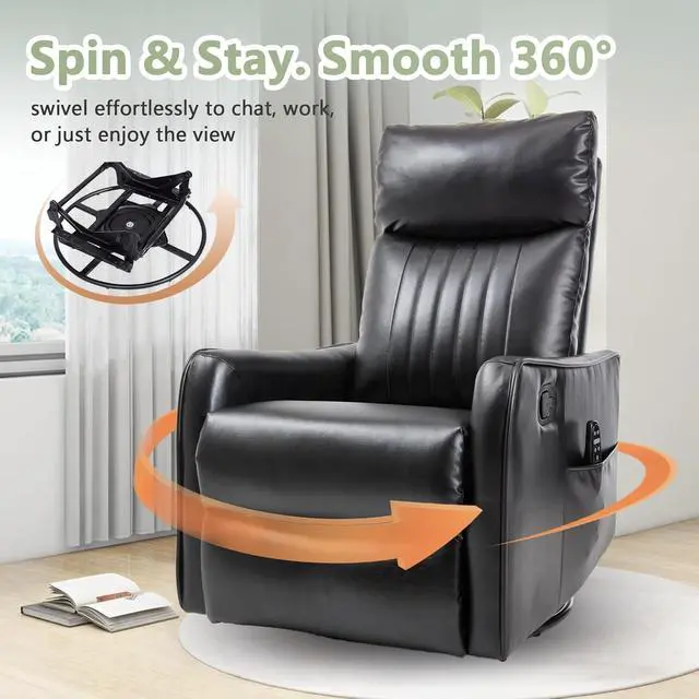 Alt view image 6 of 7 - Heated Massage Swivel Rocker Recliner Chair for Nursery - Small Space Reclining Chair with Lumbar Support, 360° Swivel & Gentle Rocking, Ergonomic High Back Faux Leather