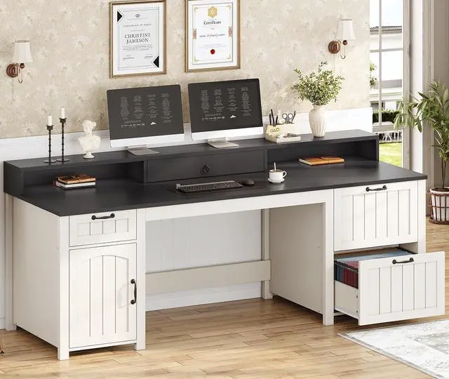 Main image of Farmhouse 63" Executive Desk, Home Office Desk with File Drawer and Monitor Stand, Computer Desk with Drawers and Storage Cabinet, Wood Desk for Work Study Writing, White