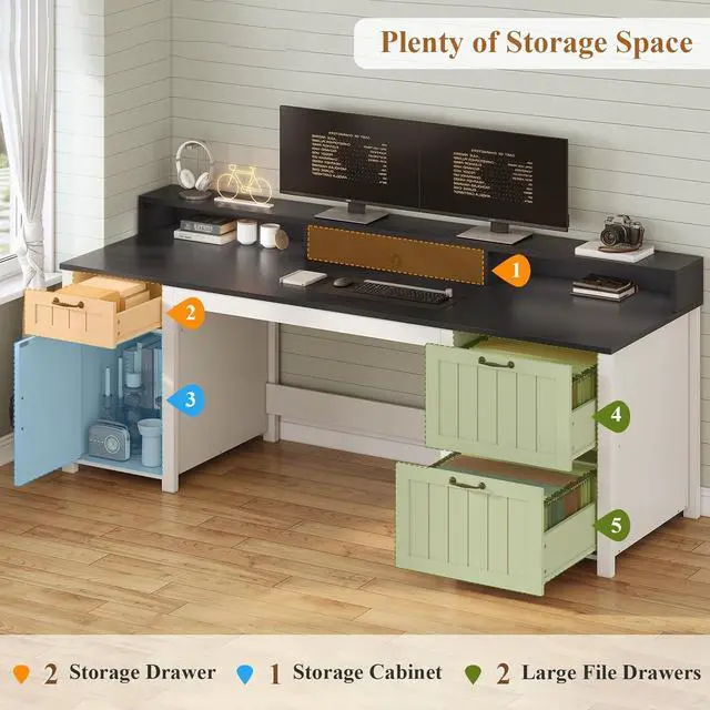 Alt view image 5 of 7 - Farmhouse 63" Executive Desk, Home Office Desk with File Drawer and Monitor Stand, Computer Desk with Drawers and Storage Cabinet, Wood Desk for Work Study Writing, White