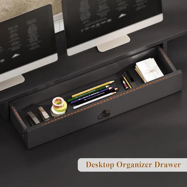 Alt view image 6 of 7 - Farmhouse 63" Executive Desk, Home Office Desk with File Drawer and Monitor Stand, Computer Desk with Drawers and Storage Cabinet, Wood Desk for Work Study Writing, White