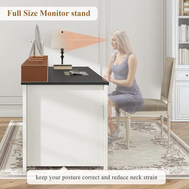 Alt view image 3 of 7 - Farmhouse 63" Executive Desk, Home Office Desk with File Drawer and Monitor Stand, Computer Desk with Drawers and Storage Cabinet, Wood Desk for Work Study Writing, White