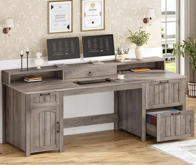 Main image of Farmhouse 63" Executive Desk, Home Office Desk with File Drawer and Monitor Stand, Computer Desk with Drawers and Storage Cabinet, Wood Desk for Work Study Writing, Grey
