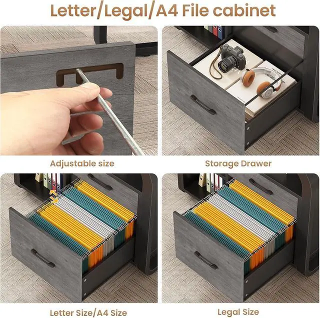 Alt view image 2 of 7 - 61 Inch Executive Desk, Large Office Desk with File Drawer, L Shaped Desk with Drawers, Computer Desk with Mobile CPU Stand, Storage Shelves, Power Outlets for Home Office, Grey