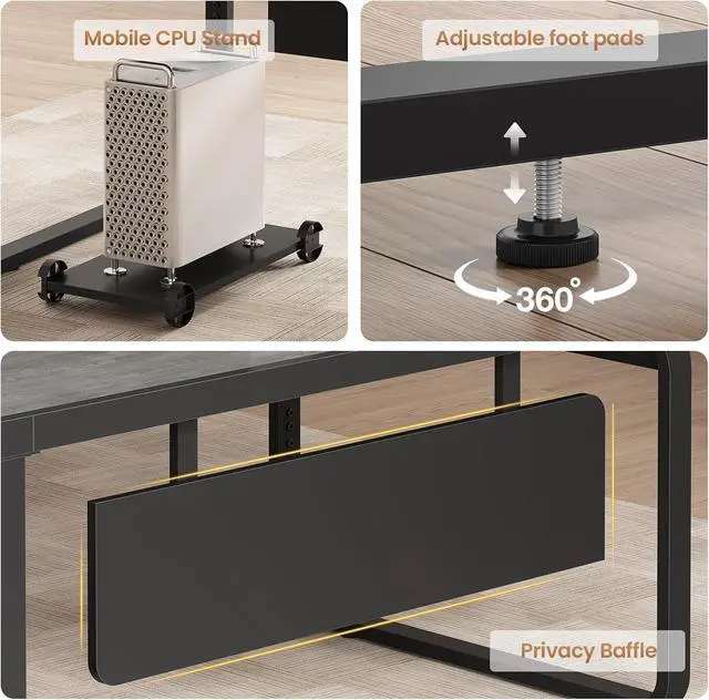 Alt view image 4 of 7 - 61 Inch Executive Desk, Large Office Desk with File Drawer, L Shaped Desk with Drawers, Computer Desk with Mobile CPU Stand, Storage Shelves, Power Outlets for Home Office, Grey