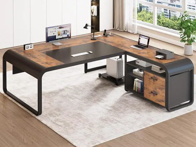 Main image of 61 Inch Executive Desk, Large Office Desk with File Drawer, L Shaped Desk with Drawers, Computer Desk with Mobile CPU Stand, Storage Shelves, Power Outlets for Home Office, Brown