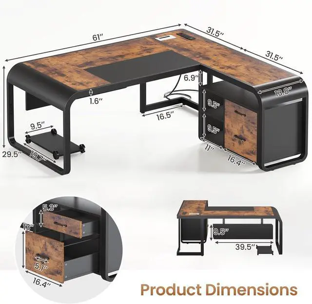 Alt view image 5 of 7 - 61 Inch Executive Desk, Large Office Desk with File Drawer, L Shaped Desk with Drawers, Computer Desk with Mobile CPU Stand, Storage Shelves, Power Outlets for Home Office, Brown
