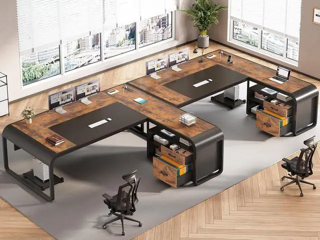 Alt view image 6 of 7 - 61 Inch Executive Desk, Large Office Desk with File Drawer, L Shaped Desk with Drawers, Computer Desk with Mobile CPU Stand, Storage Shelves, Power Outlets for Home Office, Brown