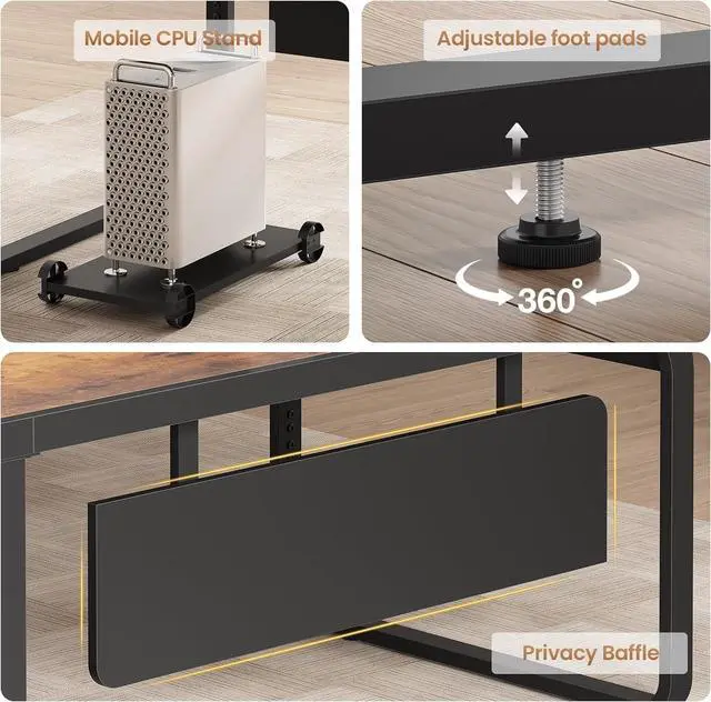 Alt view image 4 of 7 - 61 Inch Executive Desk, Large Office Desk with File Drawer, L Shaped Desk with Drawers, Computer Desk with Mobile CPU Stand, Storage Shelves, Power Outlets for Home Office, Brown