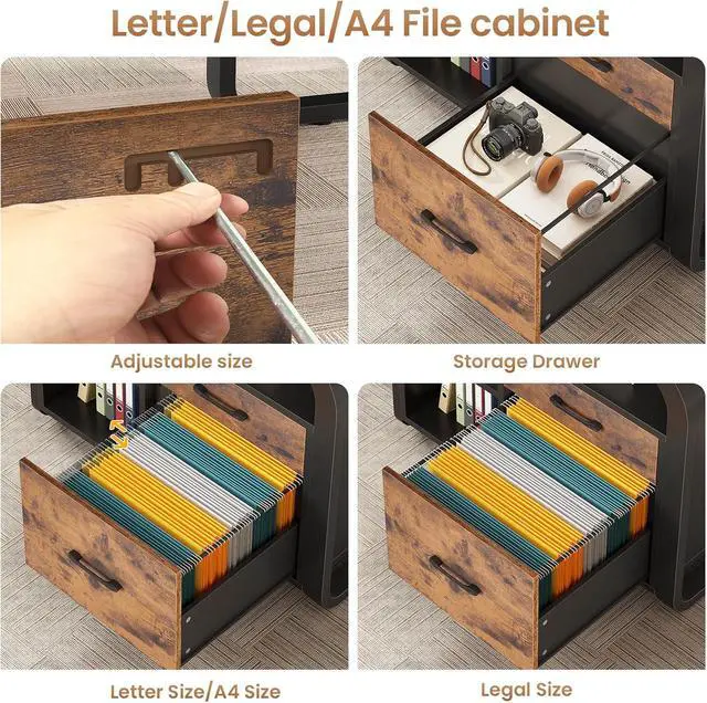 Alt view image 7 of 7 - 61 Inch Executive Desk, Large Office Desk with File Drawer, L Shaped Desk with Drawers, Computer Desk with Mobile CPU Stand, Storage Shelves, Power Outlets for Home Office, Brown