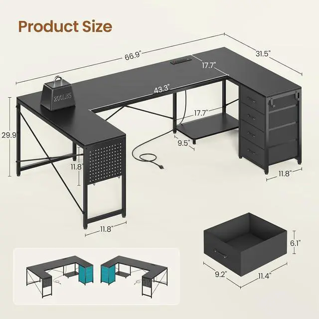 Alt view image 7 of 7 - 67" U Shaped Desk with 4 Fabric Drawers, Reversible Corner Computer Desk with Power Outlet & CPU Shelf, L Shaped Office Desk with Pegboard for Home Office, Black