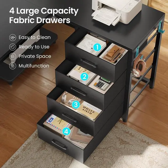 Alt view image 6 of 7 - 67" U Shaped Desk with 4 Fabric Drawers, Reversible Corner Computer Desk with Power Outlet & CPU Shelf, L Shaped Office Desk with Pegboard for Home Office, Black