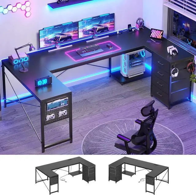 Main image of 67" U Shaped Desk with 4 Fabric Drawers, Reversible Corner Computer Desk with Power Outlet & CPU Shelf, L Shaped Office Desk with Pegboard for Home Office, Black