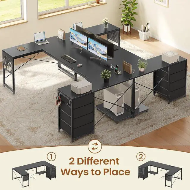 Alt view image 3 of 7 - 67" U Shaped Desk with 4 Fabric Drawers, Reversible Corner Computer Desk with Power Outlet & CPU Shelf, L Shaped Office Desk with Pegboard for Home Office, Black