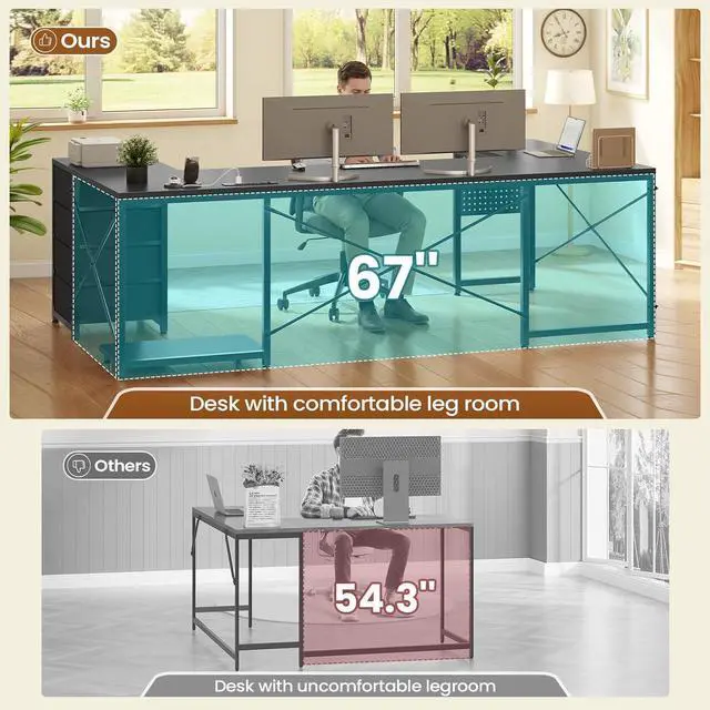 Alt view image 4 of 7 - 67" U Shaped Desk with 4 Fabric Drawers, Reversible Corner Computer Desk with Power Outlet & CPU Shelf, L Shaped Office Desk with Pegboard for Home Office, Black