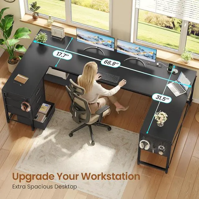 Alt view image 2 of 7 - 67" U Shaped Desk with 4 Fabric Drawers, Reversible Corner Computer Desk with Power Outlet & CPU Shelf, L Shaped Office Desk with Pegboard for Home Office, Black
