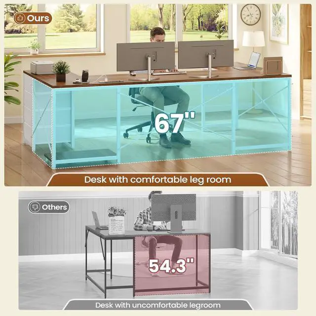 Alt view image 5 of 7 - 67" U Shaped Desk with 4 Fabric Drawers, Reversible Corner Computer Desk with Power Outlet & CPU Shelf, L Shaped Office Desk with Pegboard for Home Office, Brown White