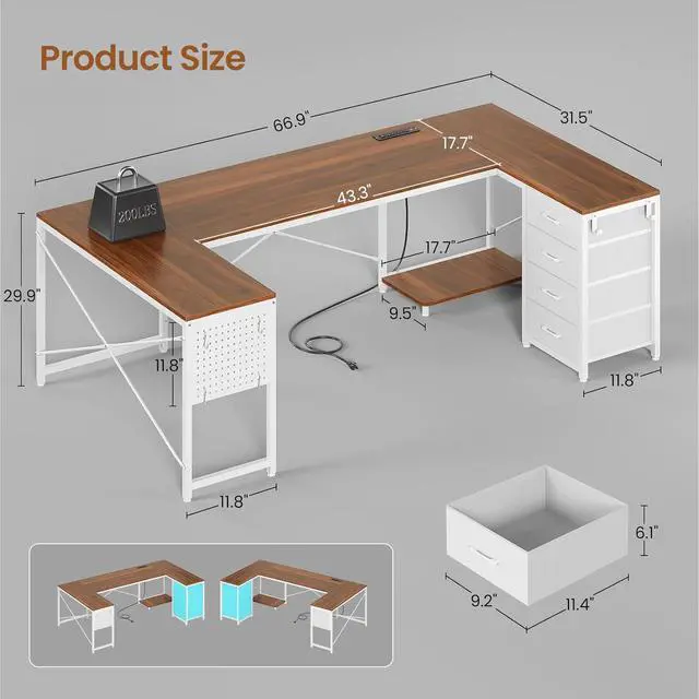 Alt view image 2 of 7 - 67" U Shaped Desk with 4 Fabric Drawers, Reversible Corner Computer Desk with Power Outlet & CPU Shelf, L Shaped Office Desk with Pegboard for Home Office, Brown White