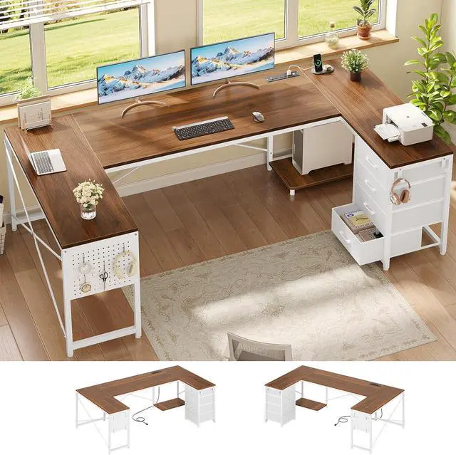 Main image of 67" U Shaped Desk with 4 Fabric Drawers, Reversible Corner Computer Desk with Power Outlet & CPU Shelf, L Shaped Office Desk with Pegboard for Home Office, Brown White