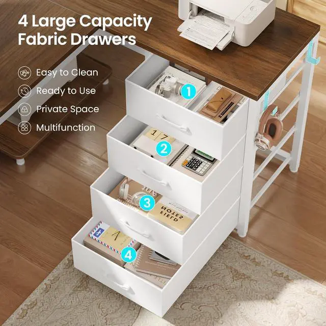 Alt view image 3 of 7 - 67" U Shaped Desk with 4 Fabric Drawers, Reversible Corner Computer Desk with Power Outlet & CPU Shelf, L Shaped Office Desk with Pegboard for Home Office, Brown White