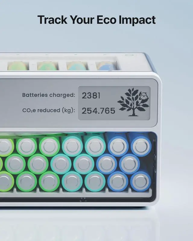 Alt view image 3 of 7 - 8-Slot AA AAA Battery Charging Station & Organizer with Storage Drawer Smart Battery Recharger for Lithium NiMH NiCd, Auto-Drop Hub with E-Ink Display for Home & Gaming, 8 Bay Charger Only (No Plug)