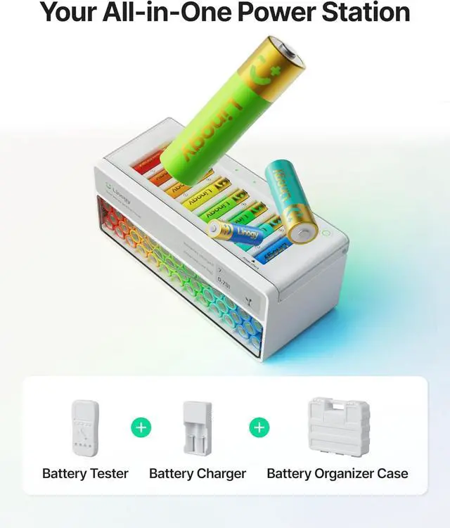 Alt view image 5 of 7 - 8-Slot AA AAA Battery Charging Station & Organizer with Storage Drawer Smart Battery Recharger for Lithium NiMH NiCd, Auto-Drop Hub with E-Ink Display for Home & Gaming, 8 Bay Charger Only (No Plug)