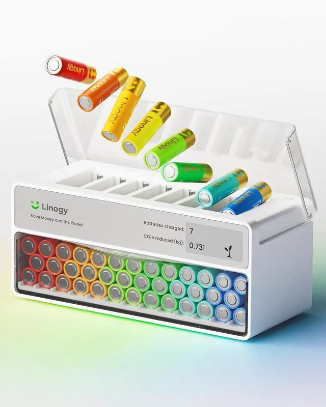 Main image of 8-Slot AA AAA Battery Charging Station & Organizer with Storage Drawer Smart Battery Recharger for Lithium NiMH NiCd, Auto-Drop Hub with E-Ink Display for Home & Gaming, 8 Bay Charger Only (No Plug)