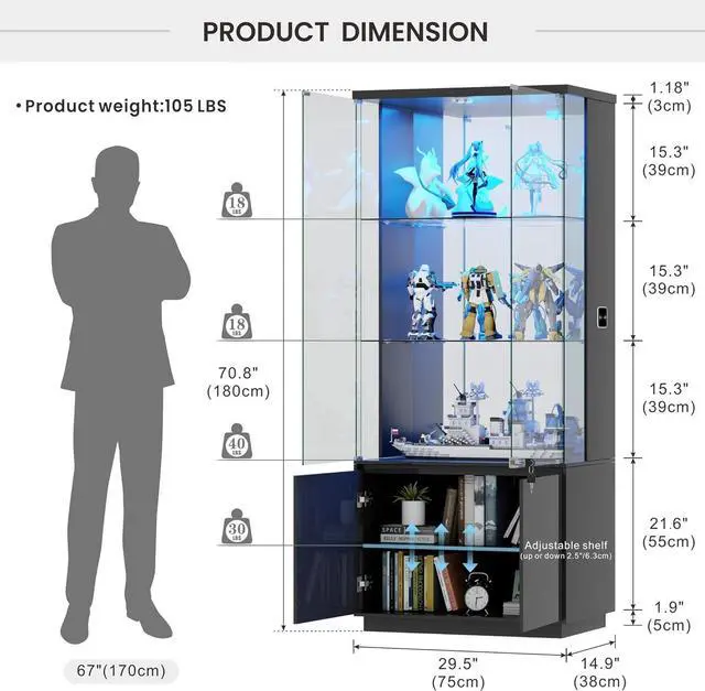Alt view image 2 of 7 - 71 Glass Display Cabinet with Lights, Modern Curio Cabinet Display Cases for Collectibles, Locking Cabinet with Shelves & Drawers, Tall Bookcase with Human Body Sensor for Living Room (Black)