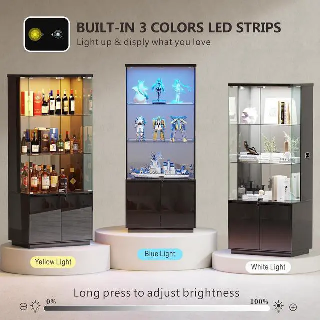 Alt view image 3 of 7 - 71 Glass Display Cabinet with Lights, Modern Curio Cabinet Display Cases for Collectibles, Locking Cabinet with Shelves & Drawers, Tall Bookcase with Human Body Sensor for Living Room (Black)