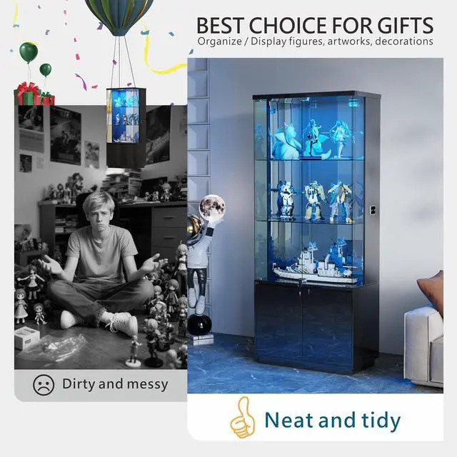 Alt view image 5 of 7 - 71 Glass Display Cabinet with Lights, Modern Curio Cabinet Display Cases for Collectibles, Locking Cabinet with Shelves & Drawers, Tall Bookcase with Human Body Sensor for Living Room (Black)
