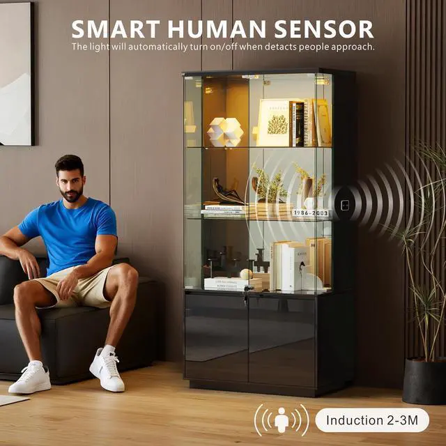 Alt view image 7 of 7 - 71 Glass Display Cabinet with Lights, Modern Curio Cabinet Display Cases for Collectibles, Locking Cabinet with Shelves & Drawers, Tall Bookcase with Human Body Sensor for Living Room (Black)