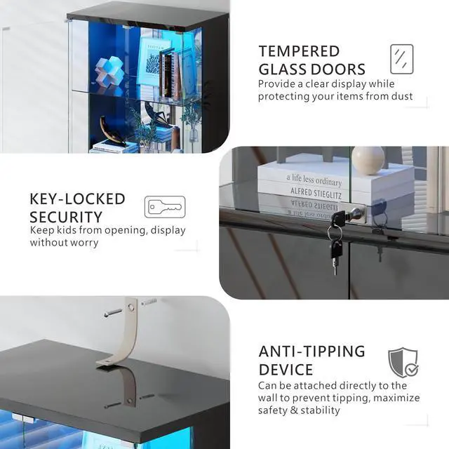 Alt view image 4 of 7 - 71 Glass Display Cabinet with Lights, Modern Curio Cabinet Display Cases for Collectibles, Locking Cabinet with Shelves & Drawers, Tall Bookcase with Human Body Sensor for Living Room (Black)