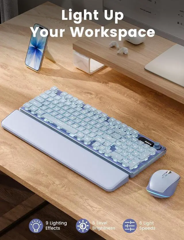 Alt view image 6 of 7 - Wireless Keyboard and Mouse Combo - 9 Backlit Effects, Wrist Rest, Double-Shot Keycaps, Metal Panel, Long-Lasting Rechargeable, 2.4G Keyboard Mouse Set for Windows Mac PC Laptop (Purple)