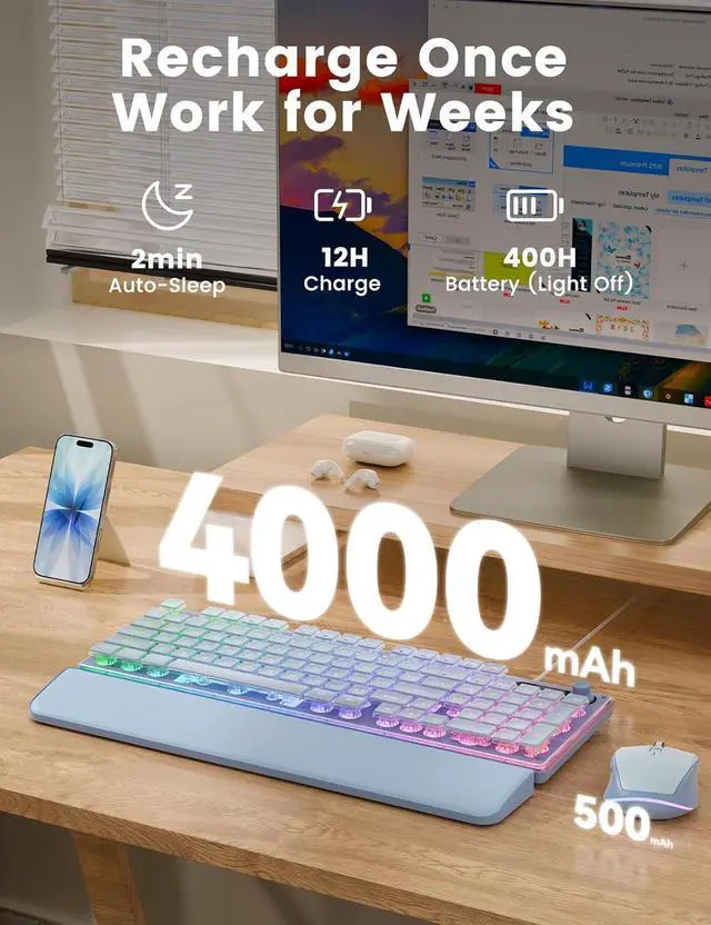 Alt view image 2 of 7 - Wireless Keyboard and Mouse Combo - 9 Backlit Effects, Wrist Rest, Double-Shot Keycaps, Metal Panel, Long-Lasting Rechargeable, 2.4G Keyboard Mouse Set for Windows Mac PC Laptop (Purple)