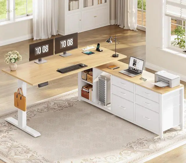 Main image of L Shaped Electric Standing Desk, 55" x 55" Height Adjustable Office Executive Desk with 6 Fabric Drawers and Storage Shelves, Sit Stand Computer Desk with Power Outlet for Home Office (White)