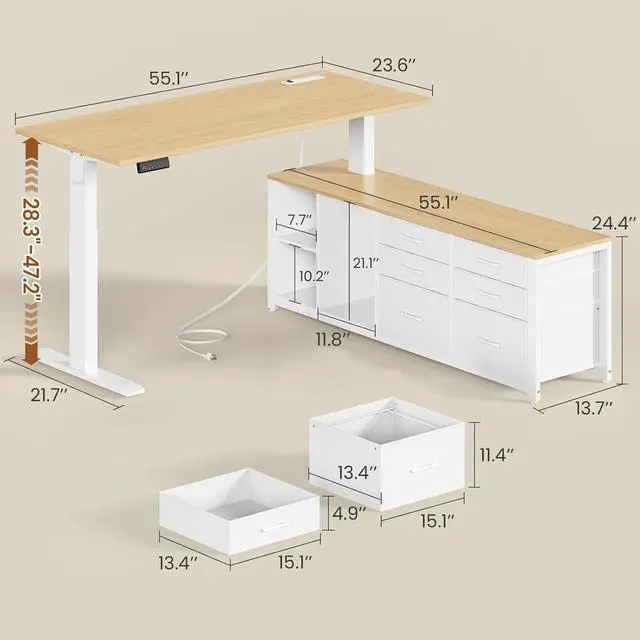 Alt view image 2 of 7 - L Shaped Electric Standing Desk, 55" x 55" Height Adjustable Office Executive Desk with 6 Fabric Drawers and Storage Shelves, Sit Stand Computer Desk with Power Outlet for Home Office (White)