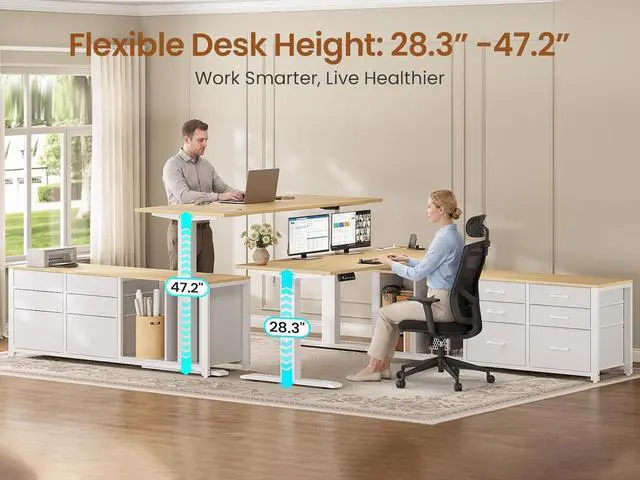 Alt view image 5 of 7 - L Shaped Electric Standing Desk, 55" x 55" Height Adjustable Office Executive Desk with 6 Fabric Drawers and Storage Shelves, Sit Stand Computer Desk with Power Outlet for Home Office (White)