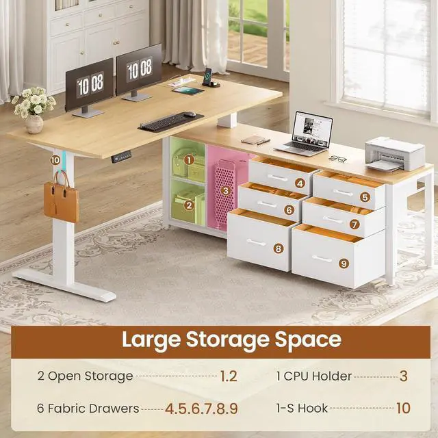 Alt view image 3 of 7 - L Shaped Electric Standing Desk, 55" x 55" Height Adjustable Office Executive Desk with 6 Fabric Drawers and Storage Shelves, Sit Stand Computer Desk with Power Outlet for Home Office (White)