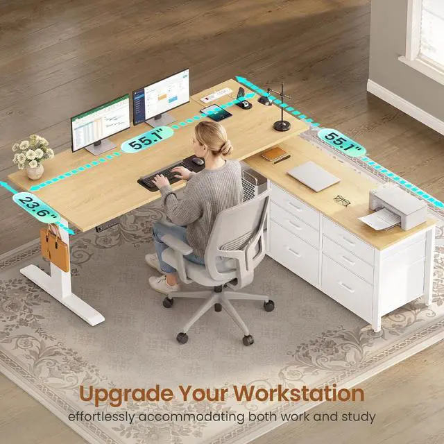 Alt view image 7 of 7 - L Shaped Electric Standing Desk, 55" x 55" Height Adjustable Office Executive Desk with 6 Fabric Drawers and Storage Shelves, Sit Stand Computer Desk with Power Outlet for Home Office (White)