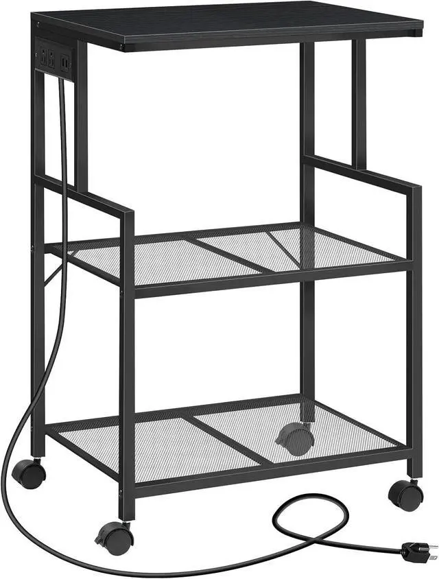 Main image of Mobile Printer Stand, 3-Tier Industrial Printer Cart with Power Outlets and 2 USB Ports, Rolling Printer Table on Wheels for Home Offices Kitchen Organization Rack, Black