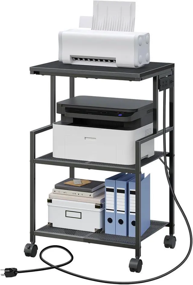 Alt view image 2 of 5 - Mobile Printer Stand, 3-Tier Industrial Printer Cart with Power Outlets and 2 USB Ports, Rolling Printer Table on Wheels for Home Offices Kitchen Organization Rack, Black
