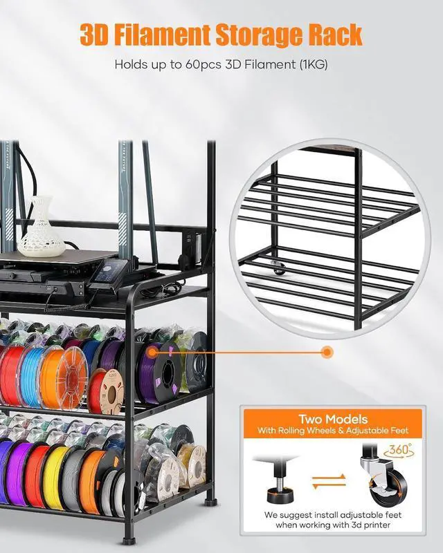 Alt view image 3 of 6 - 3D Printer Rack Filaments Storage - Rolling 3d Printing Stand Filament Organizer, Spools Holder Racks Cart with Wheels, Heavy Duty Shelf Hold Spool PLA, ABS, PETG for Garage Office Workshop